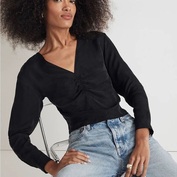 Madewell Brushed Front Ruched Top Womens Size‎ 12 Black - Picture 1 of 12